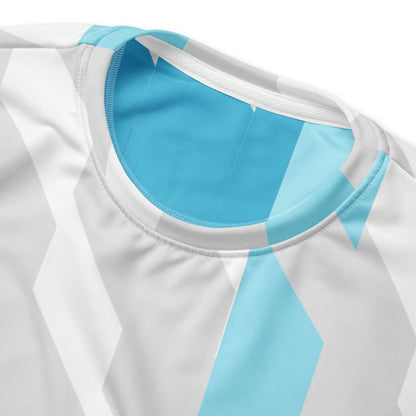 Good Wishes 365 unisex sweatshirt featuring a blue and white geometric Glacier Shift all-over print and crew neck.