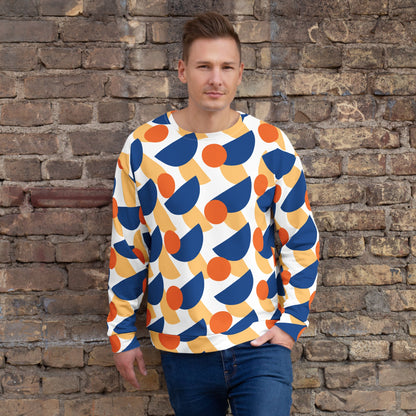 Good Wishes 365 unisex sweatshirt with a geometric mushroom print in dark cerulean, orange, and yellow on white.