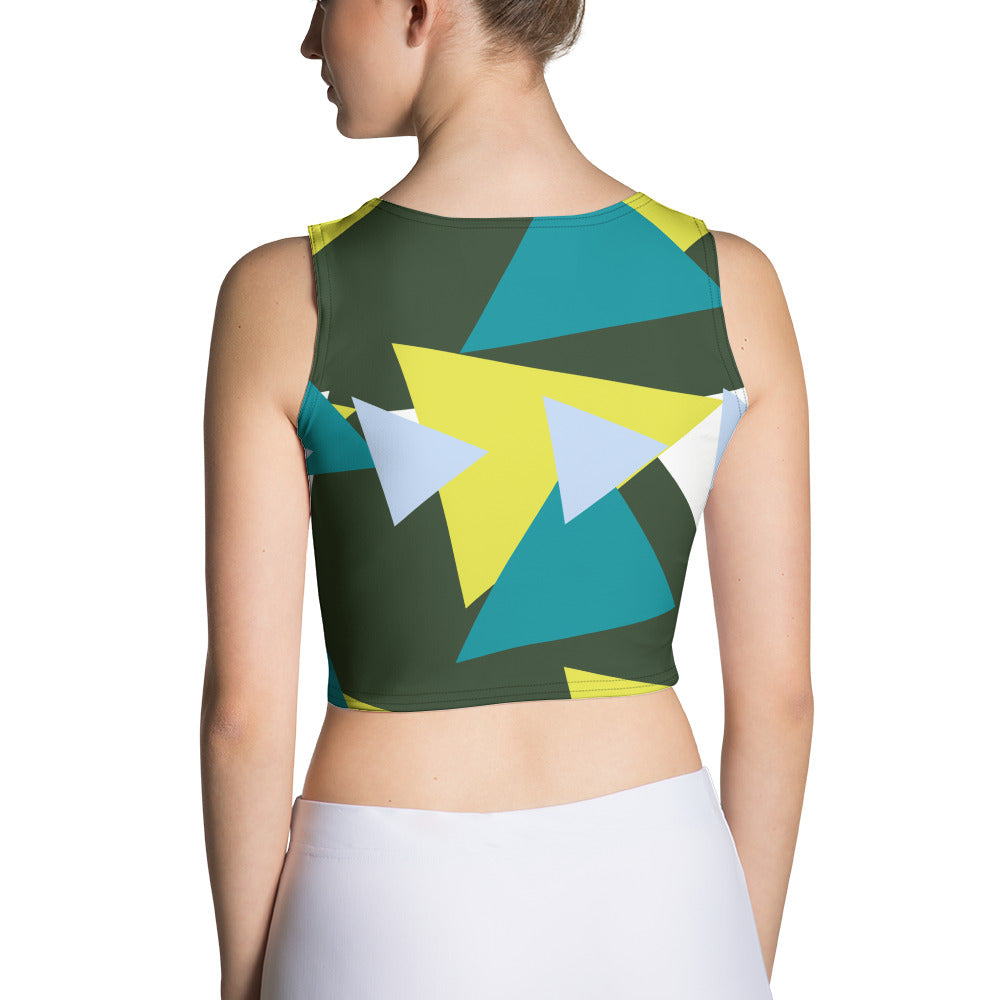 Back view of Good Wishes 365 sleeveless crop top with olive green, yellow, teal, and blue geometric triangle print.