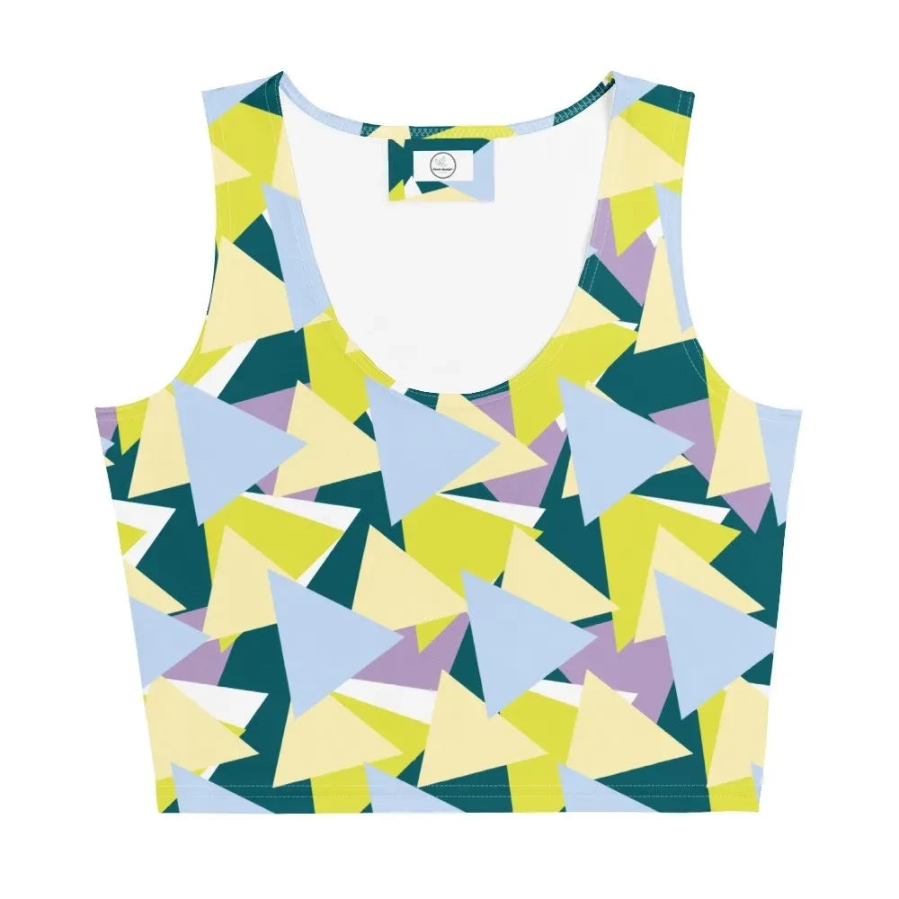 Good Wishes 365 sleeveless crop top featuring a vibrant geometric triangle print in lime, teal, blue, and lavender.