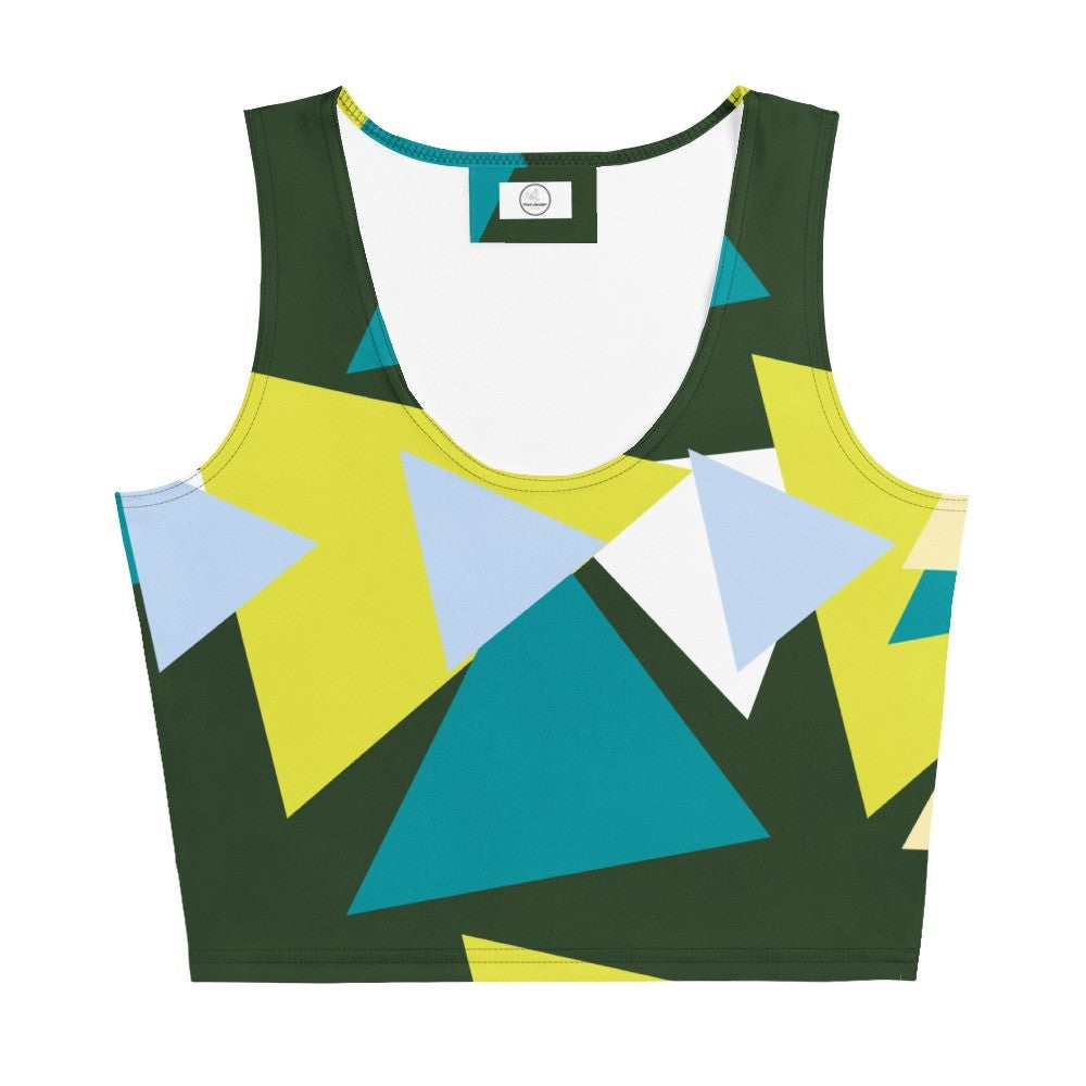 Good Wishes 365 sleeveless crop top with a vibrant geometric triangle print in olive green, yellow, teal, and blue.