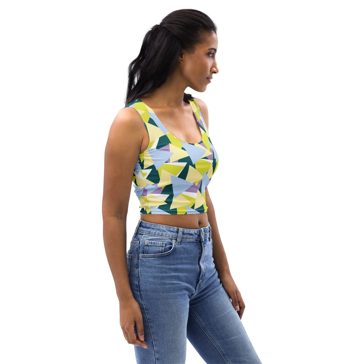 Good Wishes 365 sleeveless crop top with lime, blue, and lavender geometric triangle print worn by a model