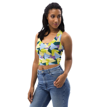 Good Wishes 365 sleeveless crop top with a lime, blue, and lavender geometric triangle print worn by a model