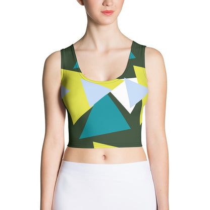 Good Wishes 365 sleeveless crop top with a vibrant olive green, yellow, teal, and blue geometric triangle print.
