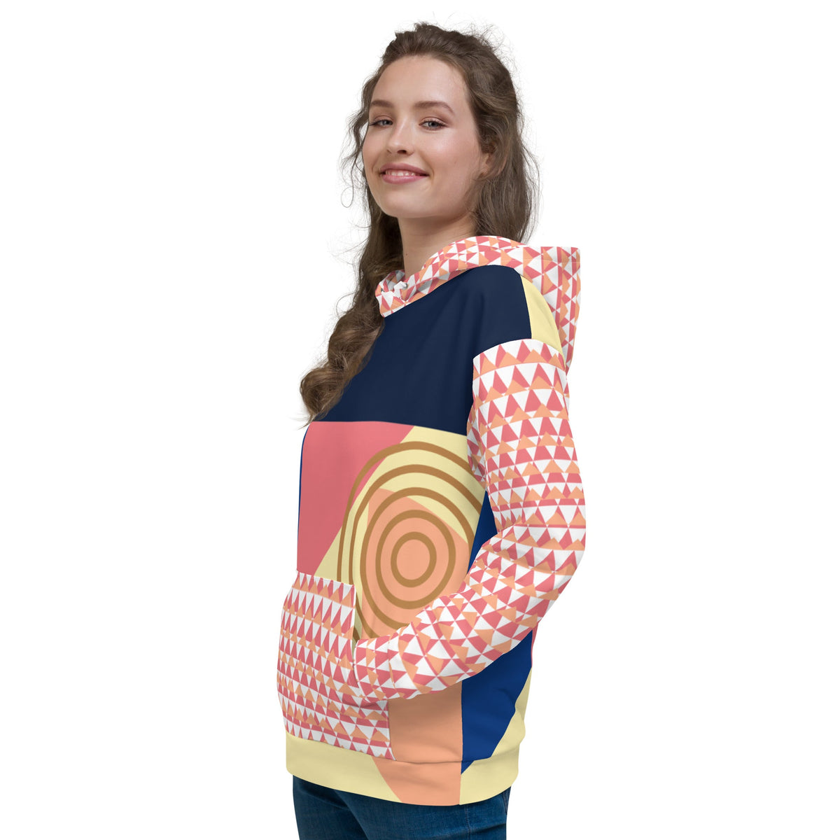 Good Wishes 365 unisex hoodie featuring a vibrant geometric pattern with pink, yellow, and navy blue abstract shapes.