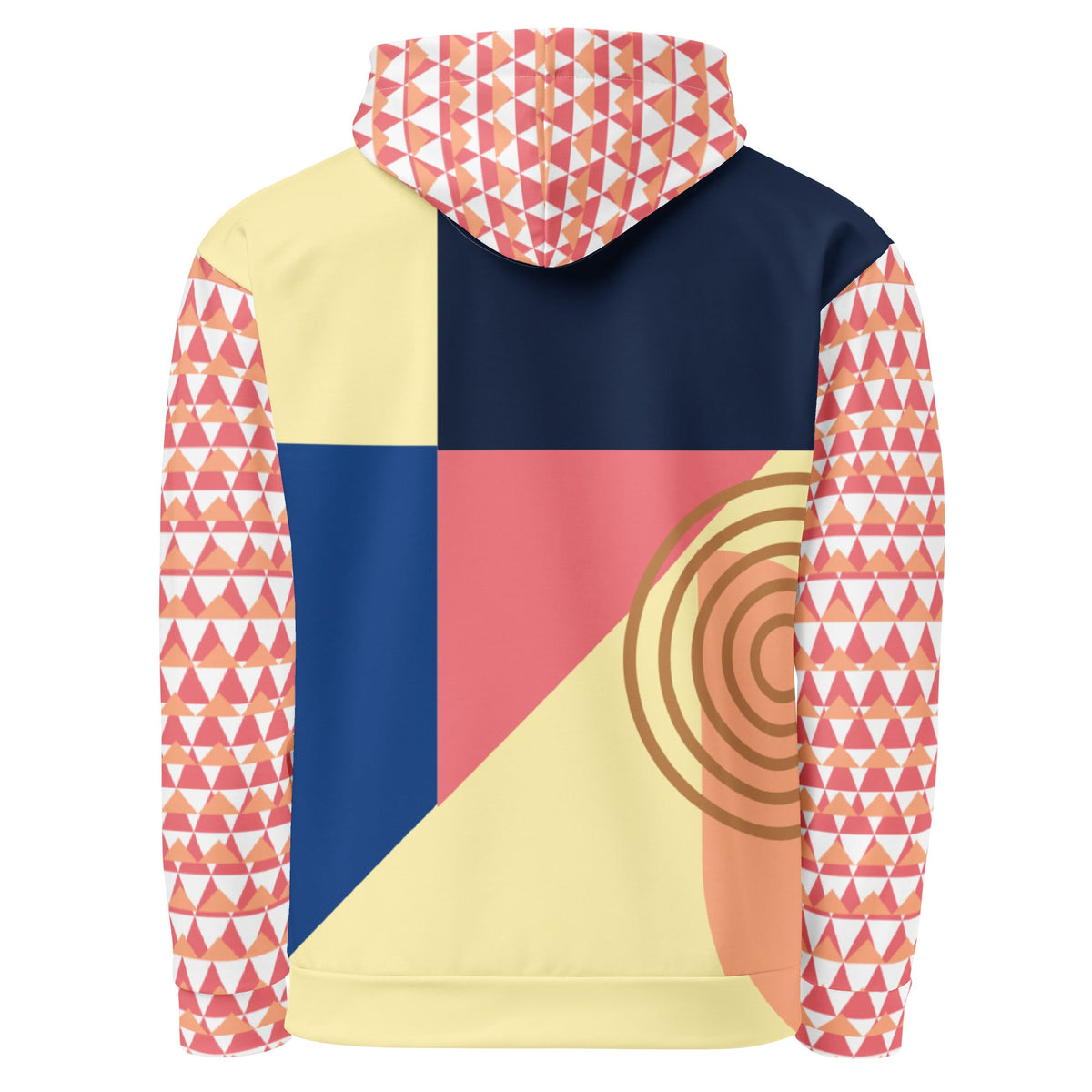 Good Wishes 365 unisex hoodie with a geometric pattern, featuring red, navy, and yellow panels and a triangle print.