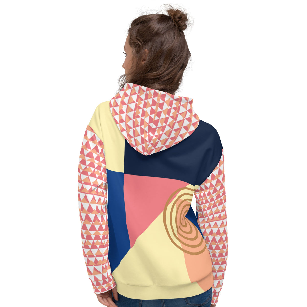 Good Wishes 365 unisex hoodie with a vibrant geometric pattern, pink, navy, and yellow panels, and brushed fleece.