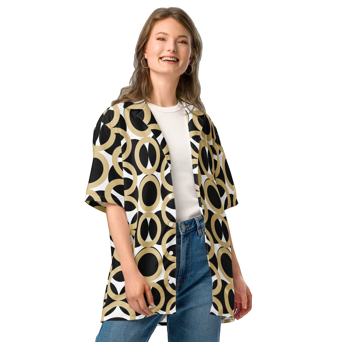 Good Wishes 365 unisex button shirt featuring a black, gold, and cream retro geometric print with UPF50+ protection.
