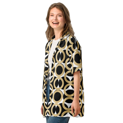 Good Wishes 365 unisex button shirt with black, gold, and cream retro geometric print and UPF50+ sun protection.