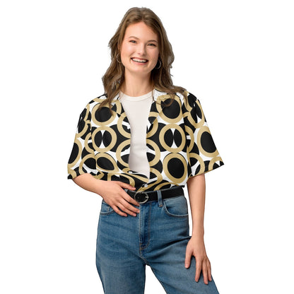Good Wishes 365 unisex button shirt featuring a black, gold, and cream retro geometric print with UPF50+ protection.