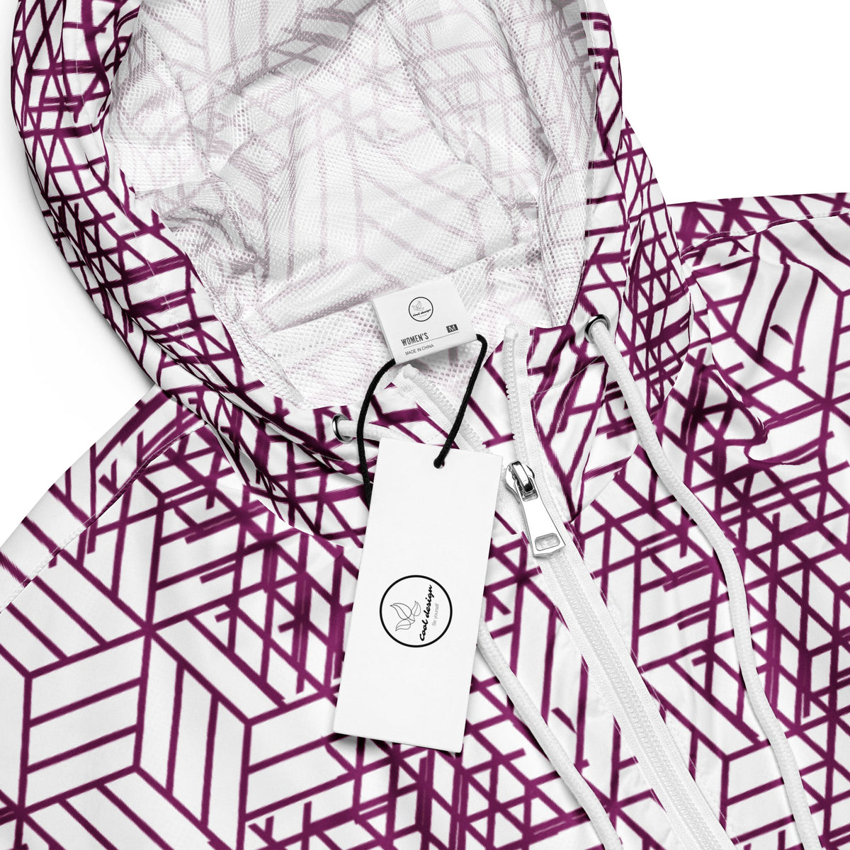 Good Wishes 365 women's cropped windbreaker with a purple and white geometric trapezoidal pattern and half-zip front.