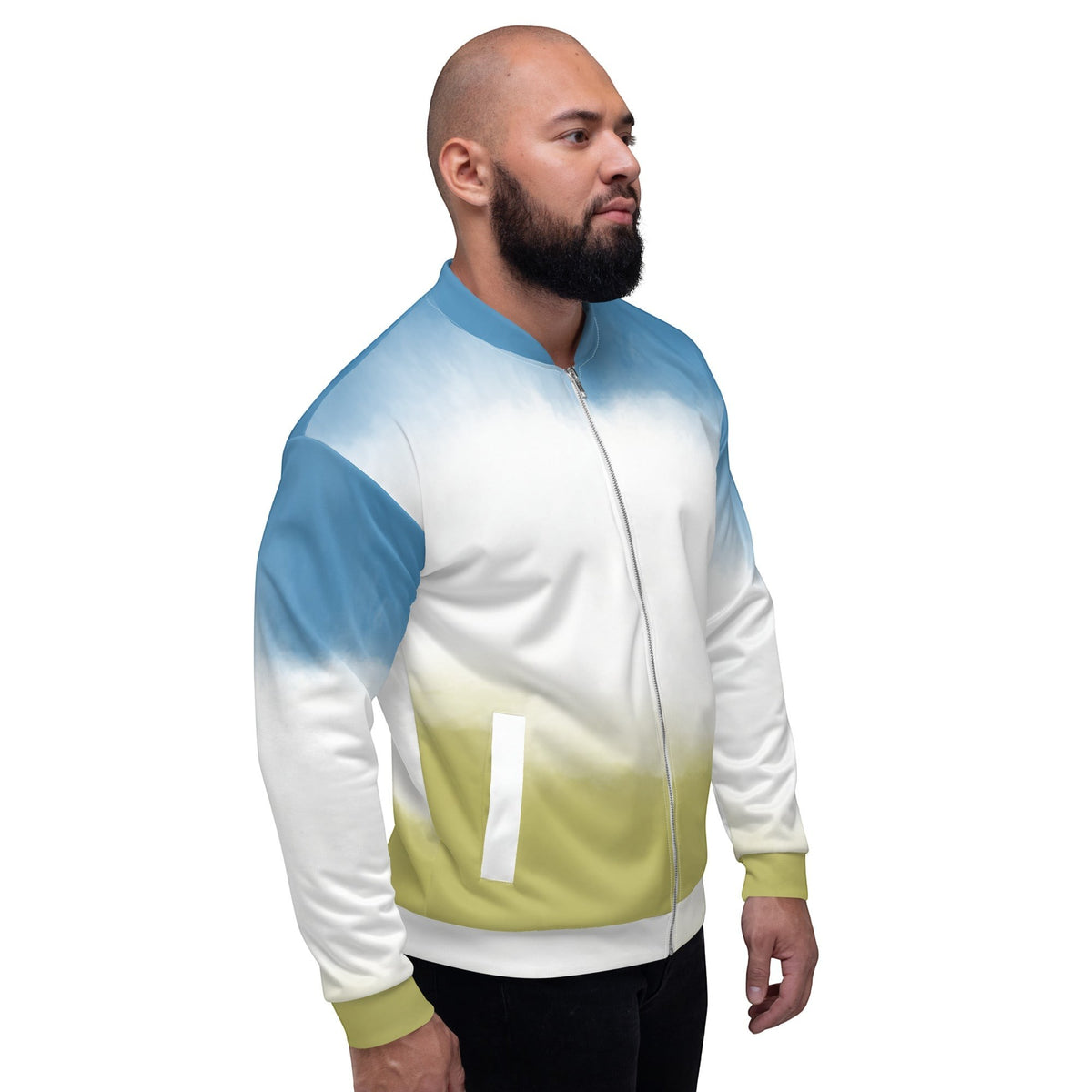 Good Wishes 365 unisex bomber jacket with a sky blue to grass green gradient print on a man in profile view