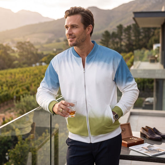 Good Wishes 365 unisex bomber jacket with a sky blue to grass green gradient print, worn by a man on a balcony.