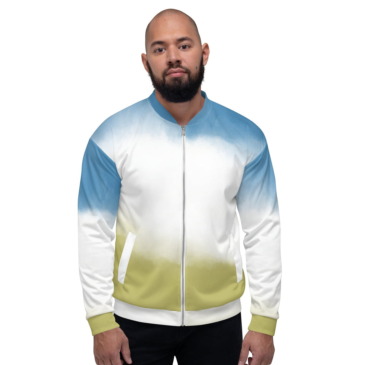 Good Wishes 365 unisex bomber jacket featuring a sky blue to grass green gradient print on a man