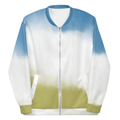 Good Wishes 365 unisex bomber jacket featuring a sky blue to grass green gradient print with a front zipper closure.