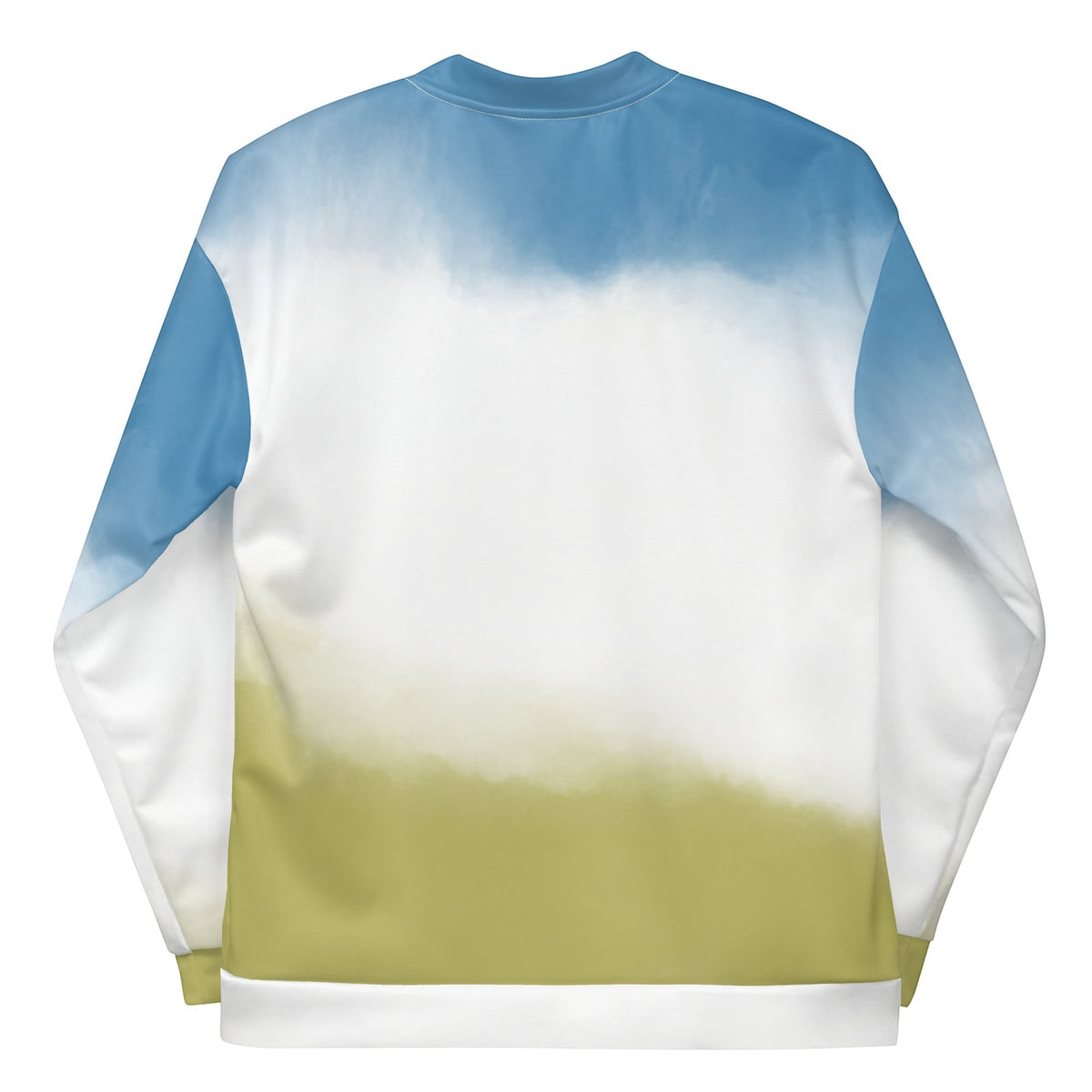 Good Wishes 365 unisex bomber jacket featuring a sky blue to grass green gradient print on a white background