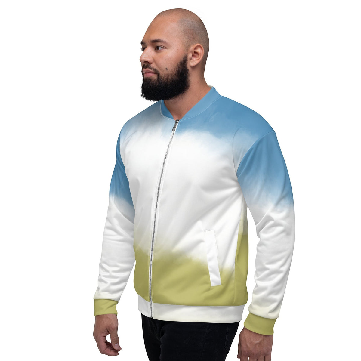 Good Wishes 365 unisex bomber jacket with a sky blue to grass green gradient print, featuring a front zip closure.