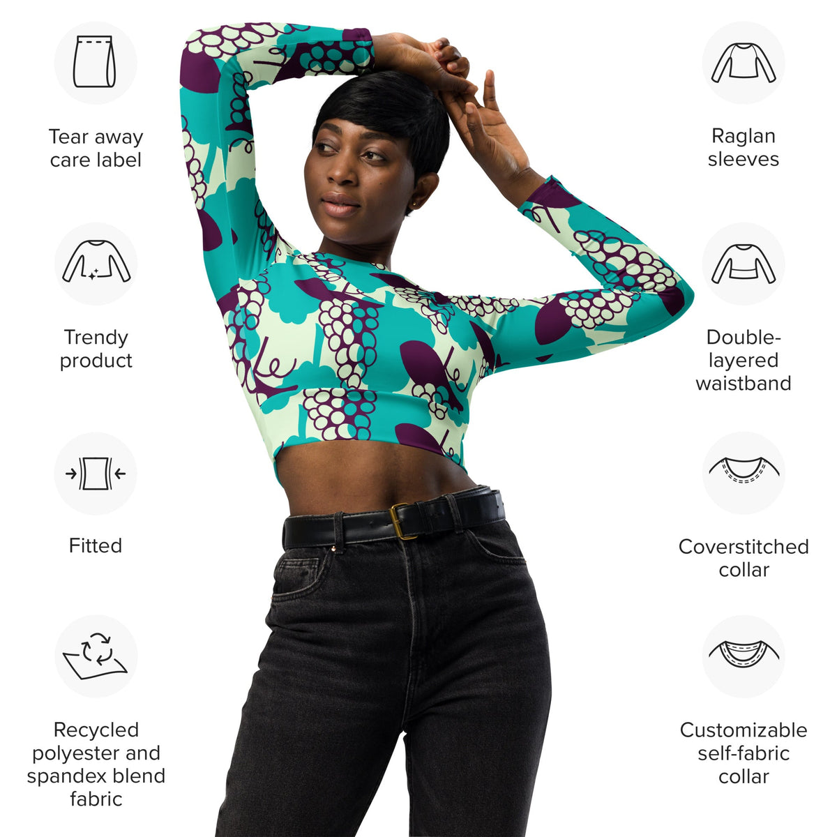 Good Wishes 365 long-sleeve crop top with a vibrant purple and teal grape pattern, featuring raglan sleeves.
