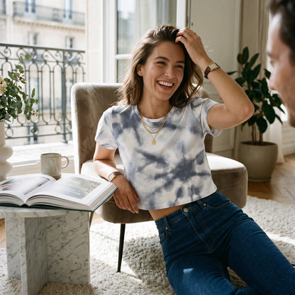 Good Wishes 365 women's gray tie-dye crop tee in premium knit jersey worn by a smiling woman in a bright room