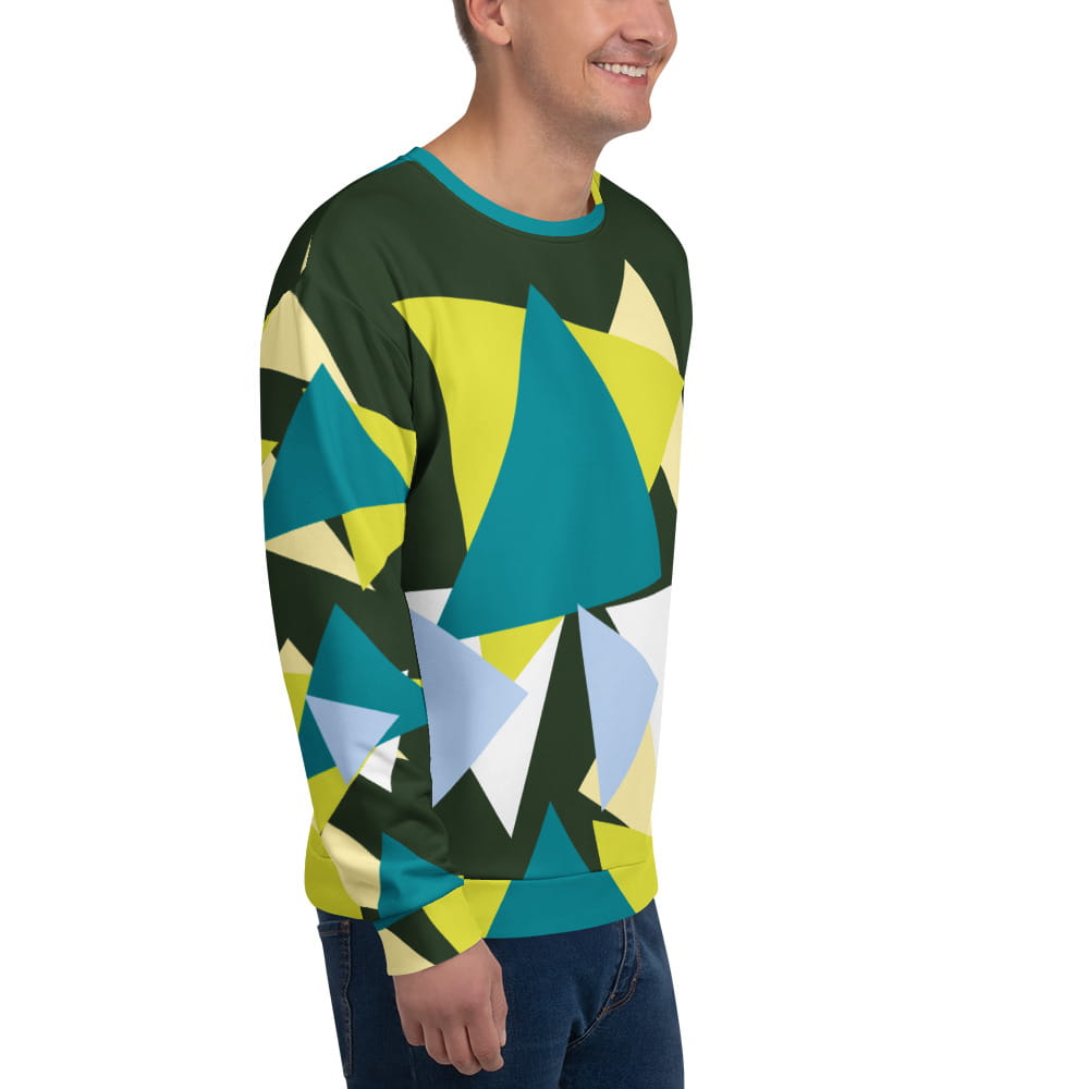 Good Wishes 365 recycled sweatshirt in myrtle green with an all-over abstract triangle print in lime, teal, and blue.