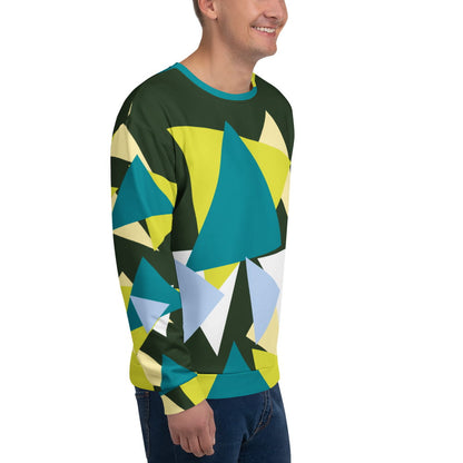 Good Wishes 365 recycled sweatshirt in myrtle green with an all-over abstract triangle print in lime, teal, and blue.