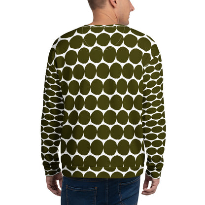 Good Wishes 365 unisex recycled sweatshirt featuring a green and white bold pebble dot print, back view.