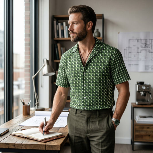 Good Wishes 365 men's short sleeve button shirt in forest green with a geometric triangle camo print in an office