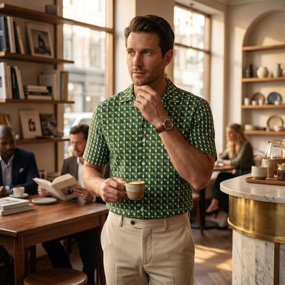 Good Wishes 365 men's short sleeve button shirt in green geometric triangle camo print, worn with beige chinos.