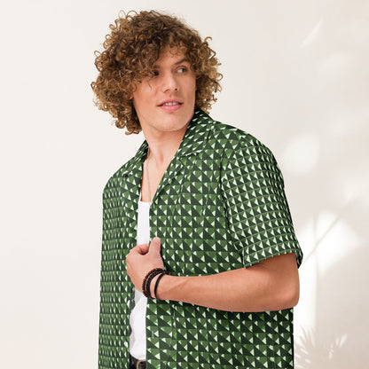 Good Wishes 365 men's short sleeve button shirt in green geometric triangle camo print worn by a curly-haired model