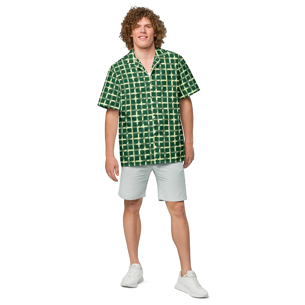 Good Wishes 365 men's green geometric checkered short sleeve button shirt worn with light grey shorts and white sneakers