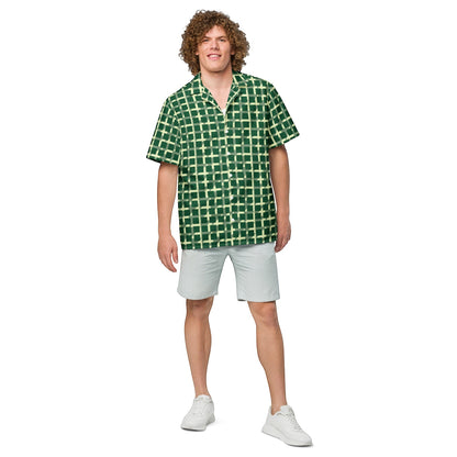 Good Wishes 365 men's green geometric checkered short sleeve button shirt worn with light grey shorts and white sneakers