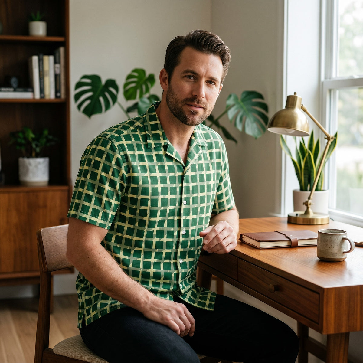 Man wearing a Good Wishes 365 green geometric checkered short sleeve button shirt while sitting at a wooden desk.