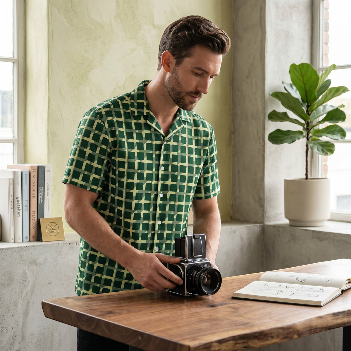 Good Wishes 365 men's green geometric checkered short sleeve button-down shirt worn by a man holding a vintage camera.