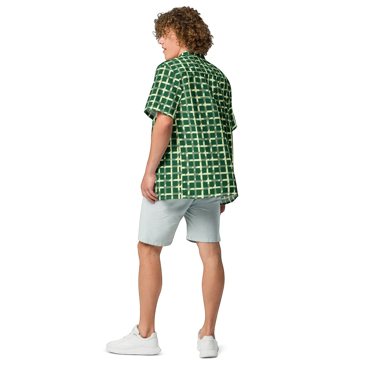 Good Wishes 365 men's green geometric checkered short sleeve button shirt worn with light shorts and white sneakers
