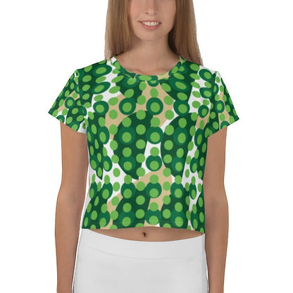 Good Wishes 365 green geometric polka dot crop tee with crew neck on a model