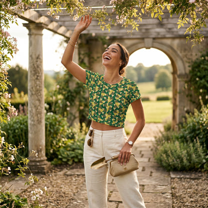 Good Wishes 365 green geometric print crop tee worn by a smiling woman in a sunny garden setting.