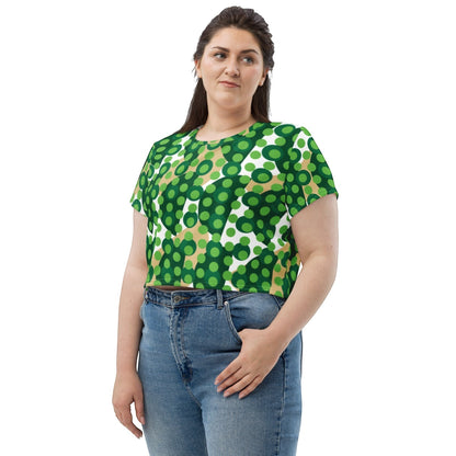 Good Wishes 365 green geometric polka dot crop tee worn by a woman with blue jeans