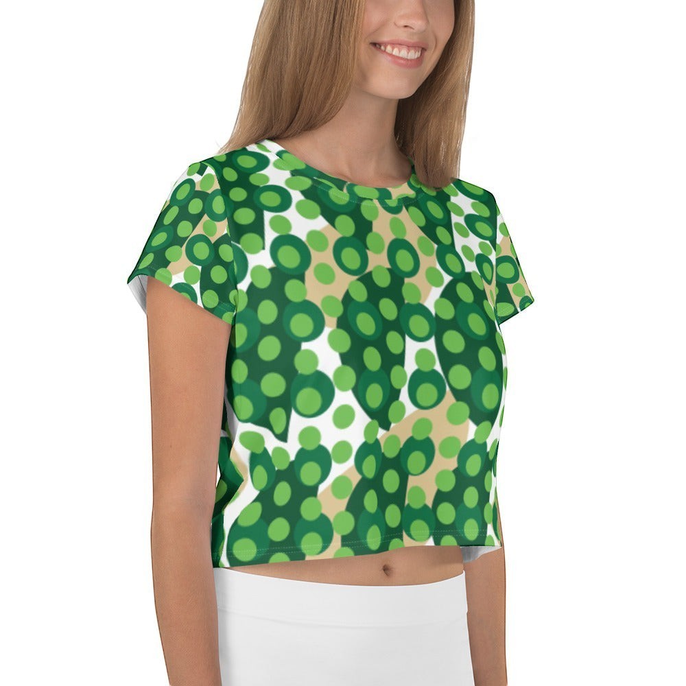 Good Wishes 365 green geometric polka dot crop tee worn by a smiling woman with a crew neck and short sleeves