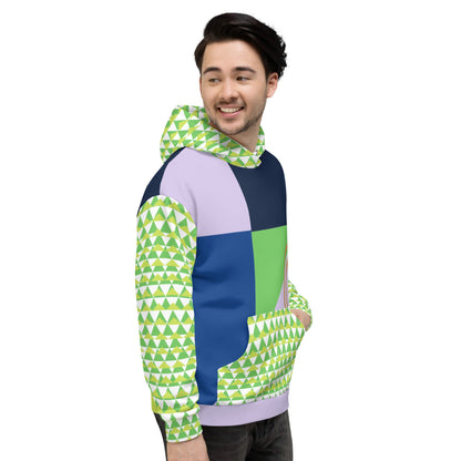 Good Wishes 365 men's green 80s Memphis style geometric hoodie with color block panels and a kangaroo pocket