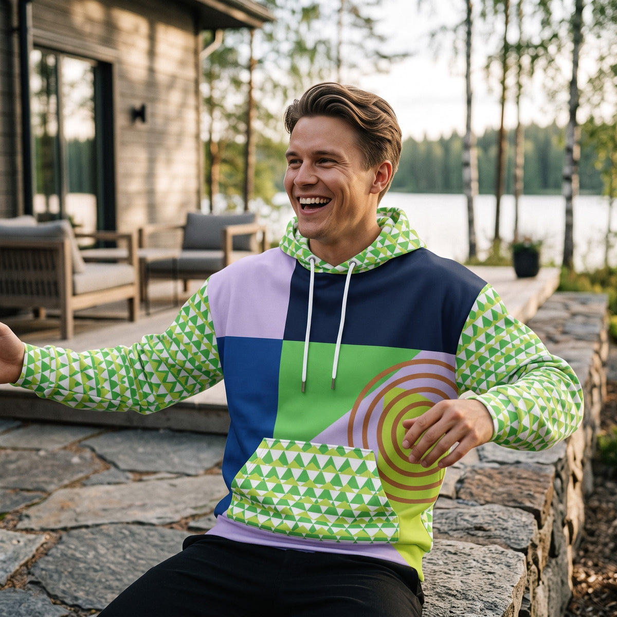 Good Wishes 365 men's green 80s Memphis style geometric hoodie with color block panels and recycled fabric