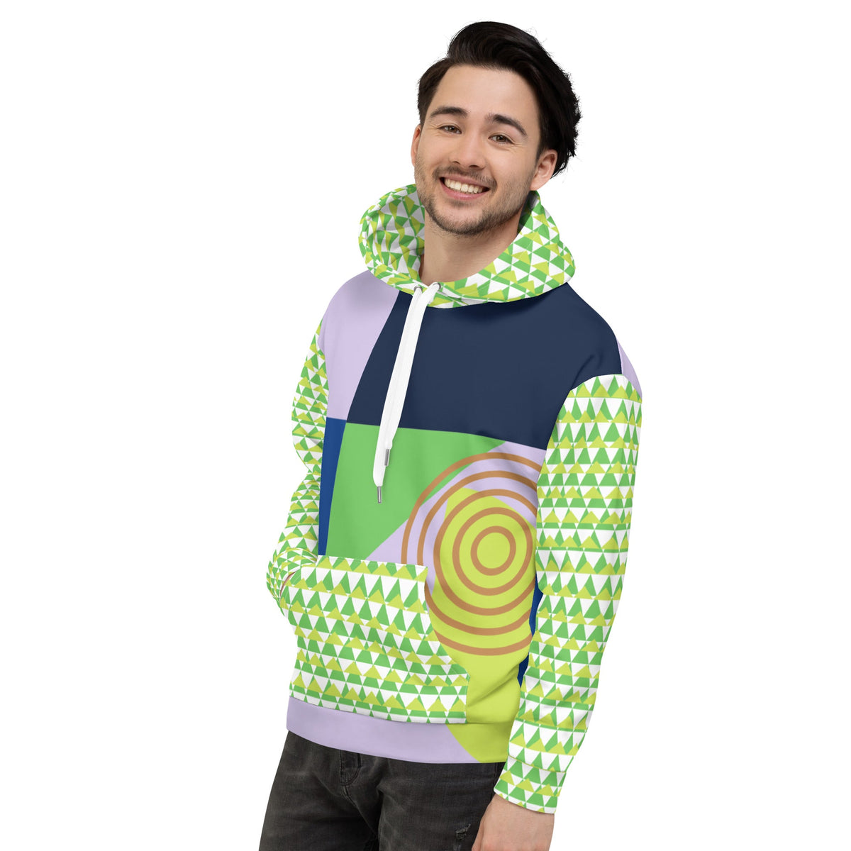 Good Wishes 365 men's green 80s Memphis style geometric hoodie with recycled fabric, kangaroo pocket, and white cords.