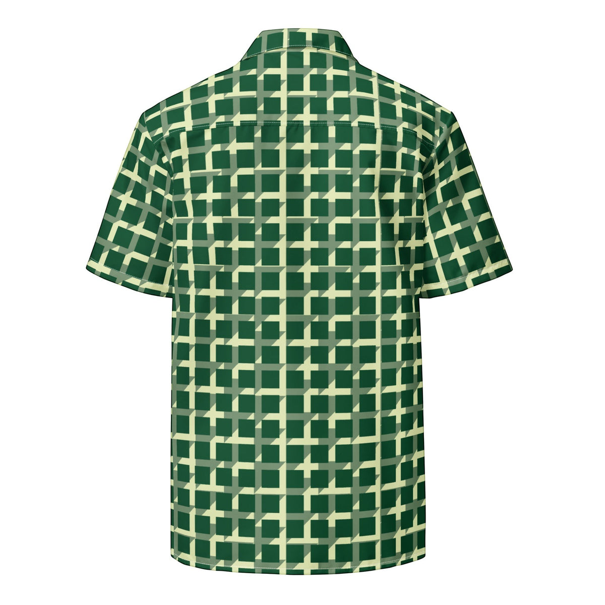 Back view of a Good Wishes 365 men's short sleeve button shirt featuring a green geometric checkered pattern.