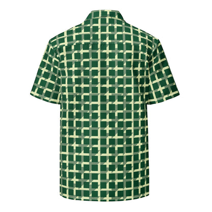 Back view of a Good Wishes 365 men's short sleeve button shirt featuring a green geometric checkered pattern.