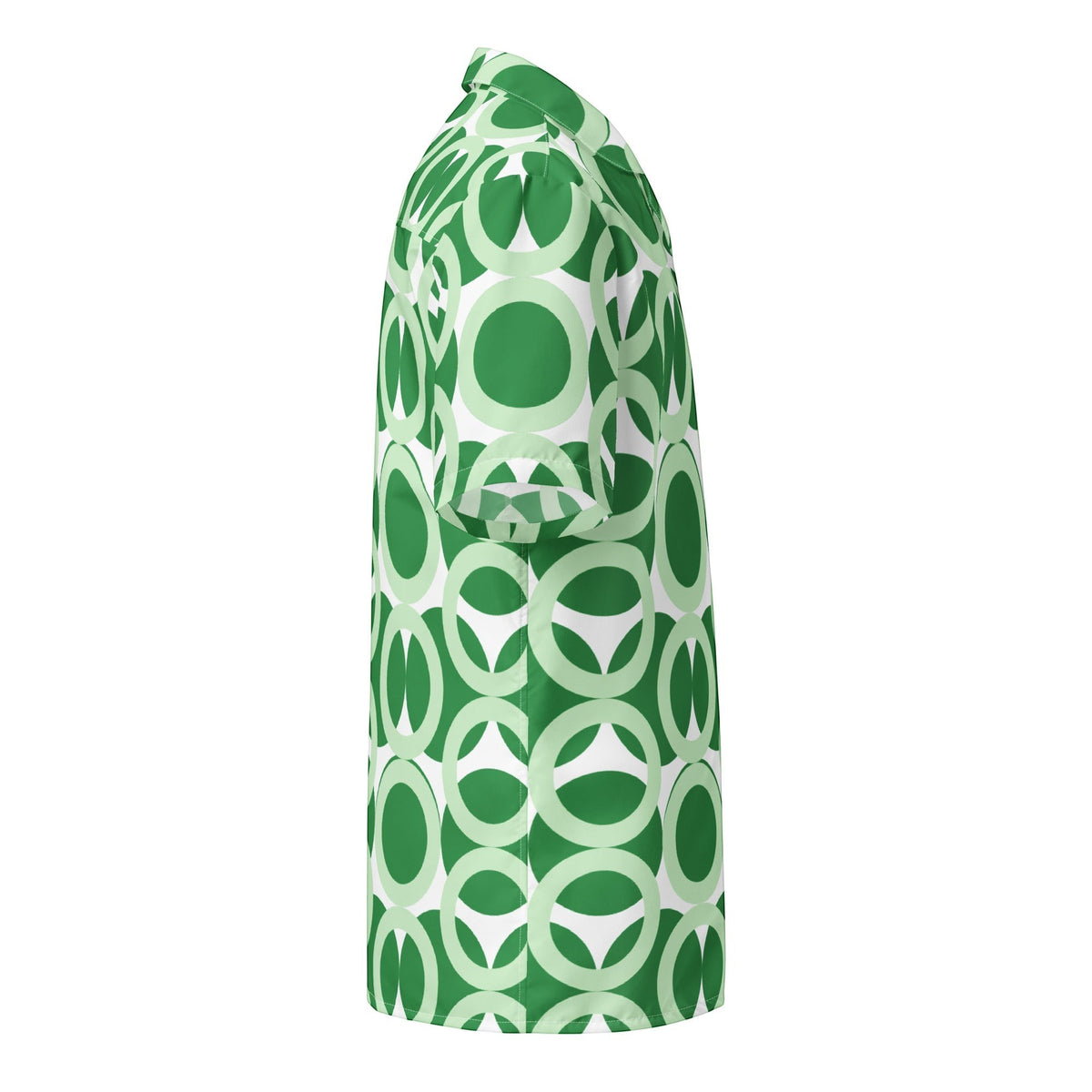 Good Wishes 365 green and white geometric print short sleeve button shirt with a camp collar in a side profile view.