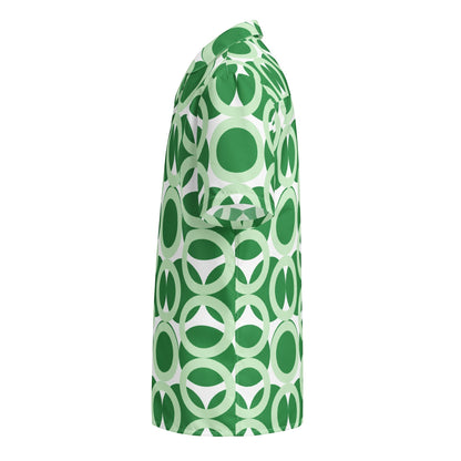 Good Wishes 365 green and white retro geometric print short sleeve button-down shirt in a side profile view
