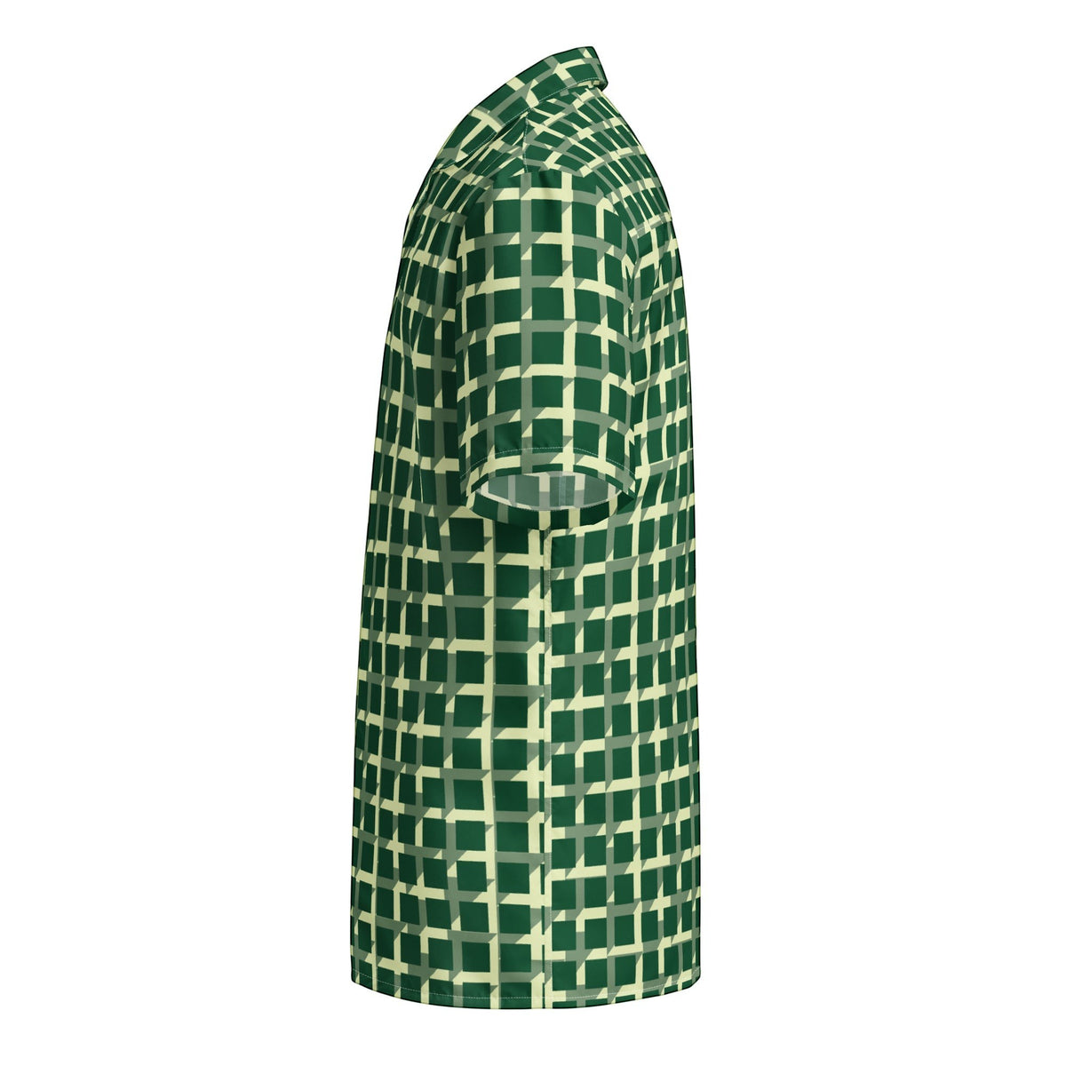 Good Wishes 365 men's short sleeve button shirt in green with a geometric checkered pattern, side view