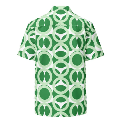 Good Wishes 365 green and white retro geometric print short sleeve button-down shirt, back view