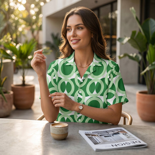 Good Wishes 365 green retro geometric print short sleeve button shirt with camp collar worn by a woman at a cafe