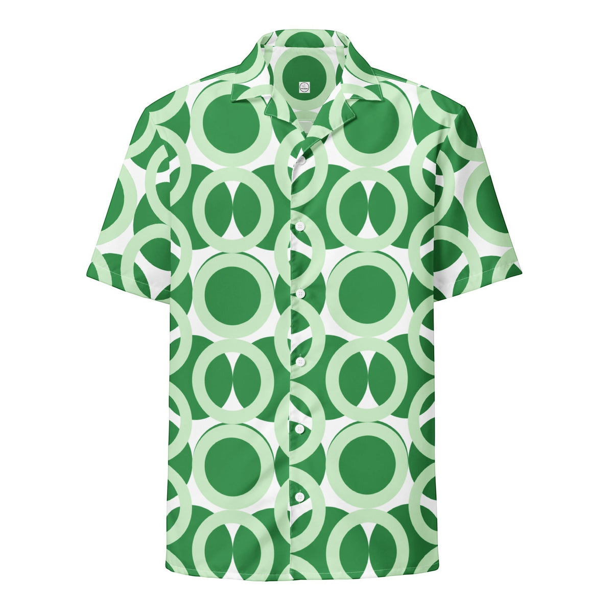 Good Wishes 365 green short sleeve button shirt featuring a retro geometric interlocking circle pattern and camp collar.