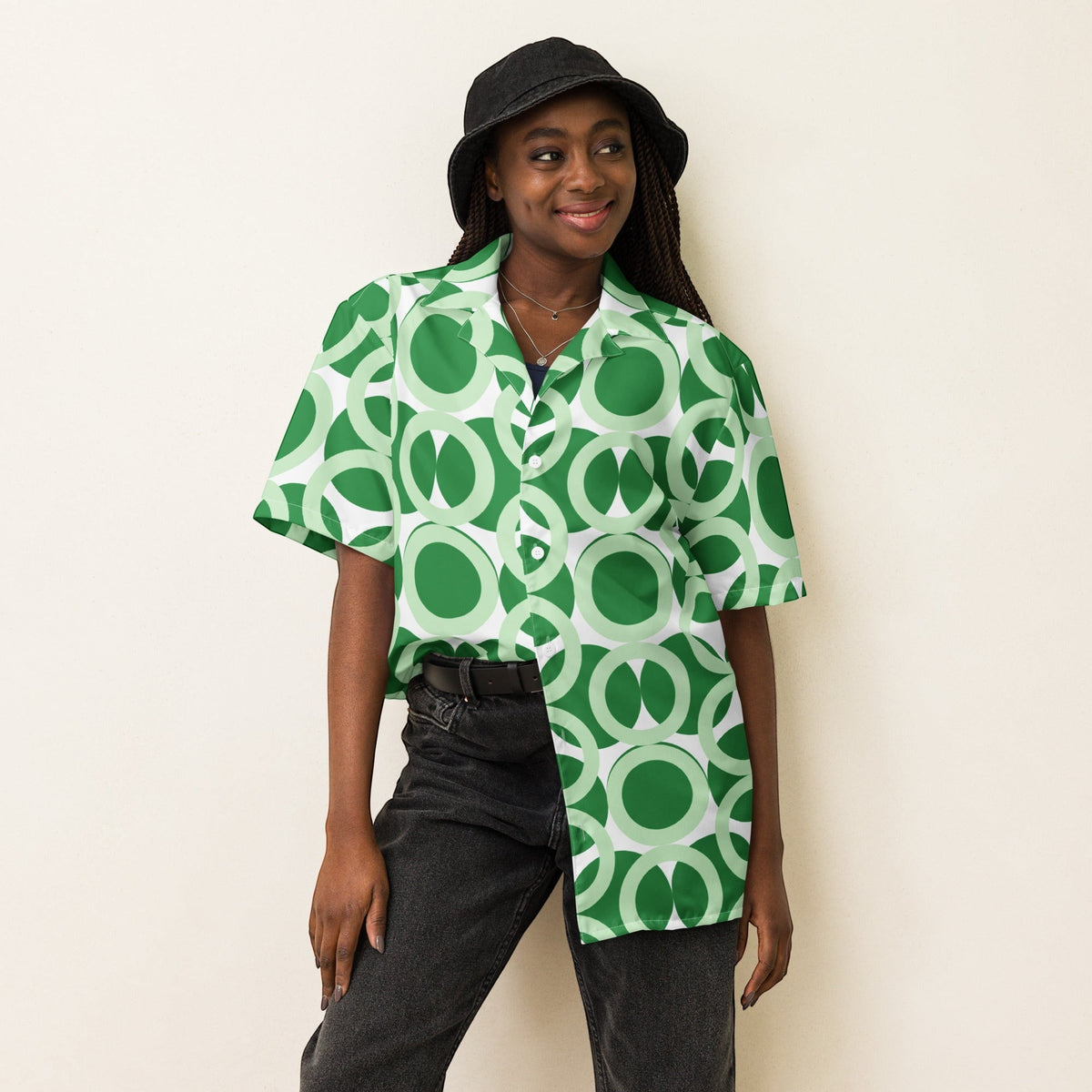 Good Wishes 365 unisex short sleeve button shirt featuring a green and white retro geometric circular print